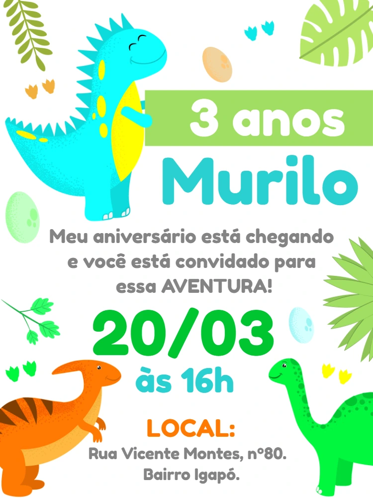 Convite Aniversário Dinossauro Infantil para Editar Online