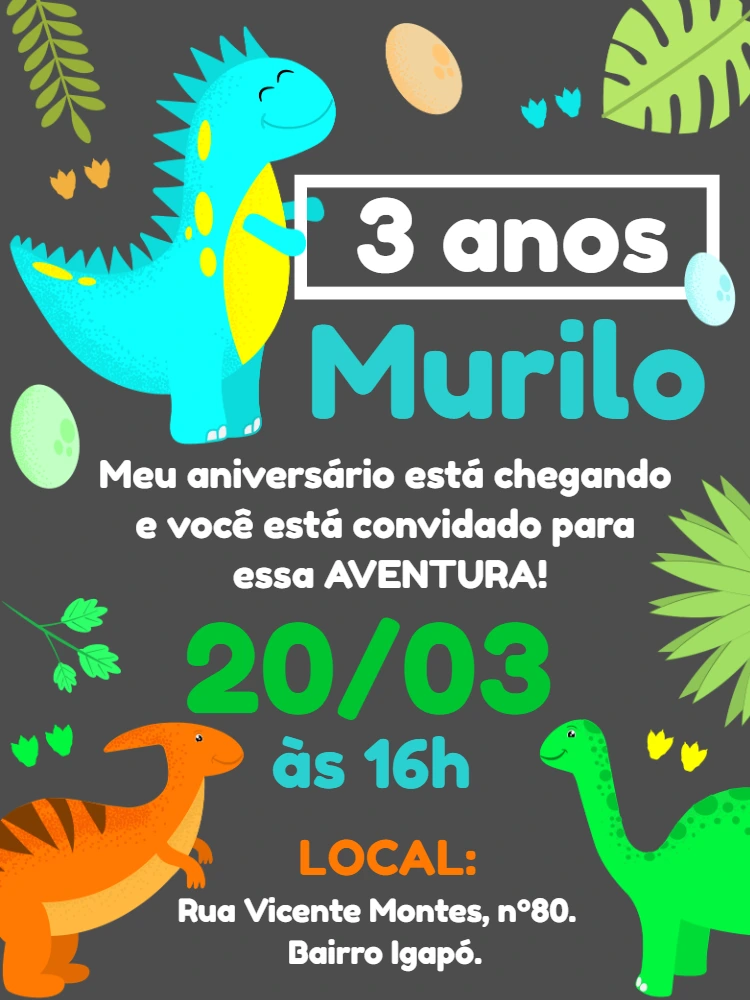 Convite de Aniversário Dinossauro Infantil para Editar Online