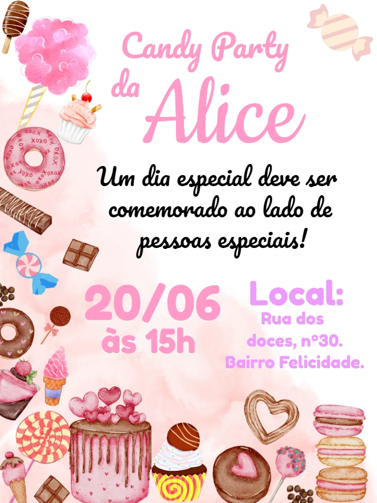 Convite de Aniversário Doces e Guloseimas para Editar Online