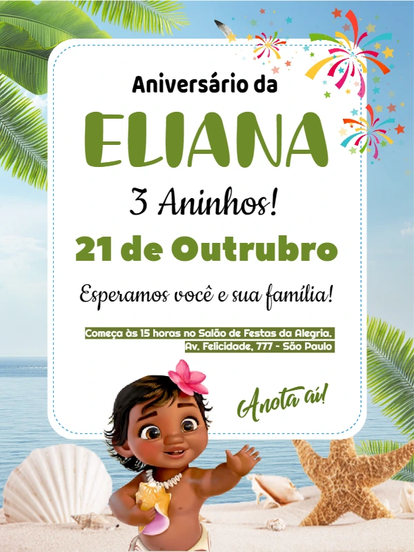 Convite de Aniversário Moana Baby para Editar Online