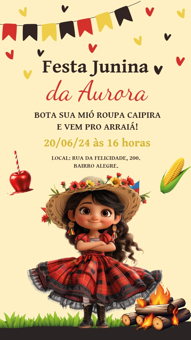 Convite Festa Junina Menina Caipira para Editar Online