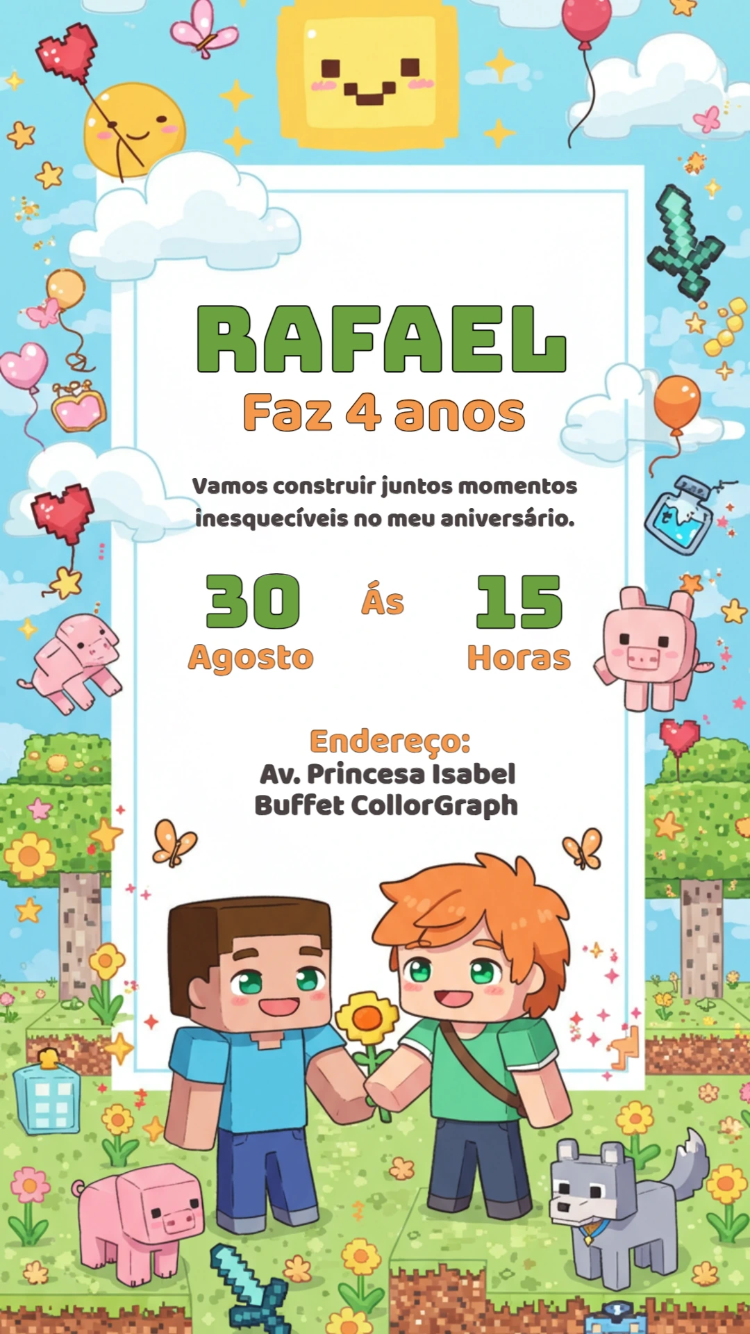 Convite de Aniversário Minecraft Fofo para Editar Online
