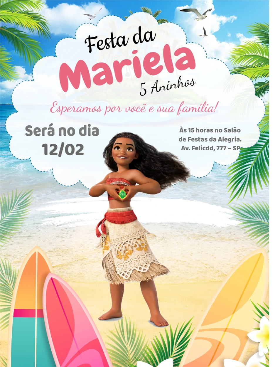 Convite de Aniversário Moana Tropical para Editar Online