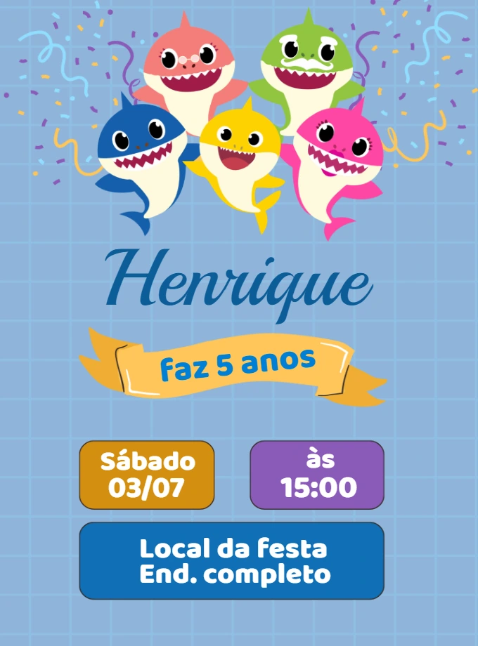 Convite Aniversário Baby Shark Menino Azul para Editar Online
