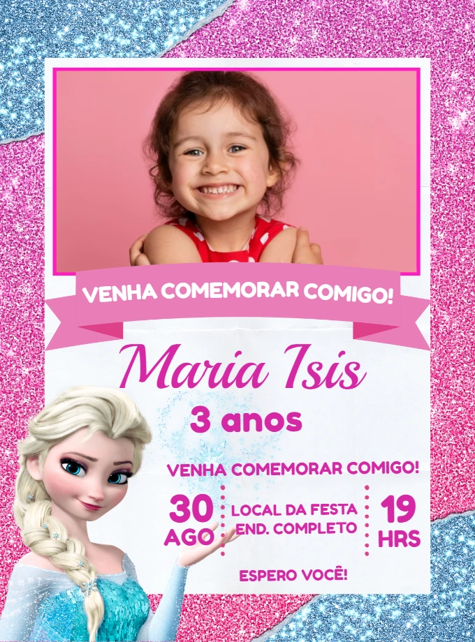 Convite Aniversário Frozen com Foto para Editar Online