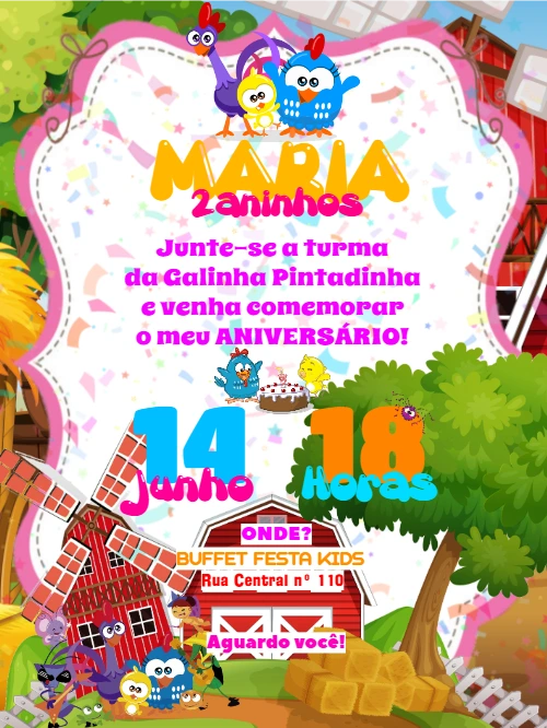 Convite de Aniversário Galinha Pintadinha para Editar Online