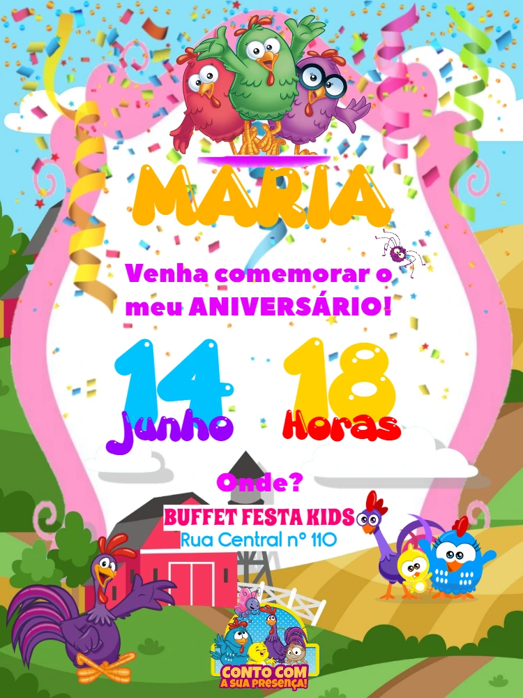 Convite de Aniversário Galinha Pintadinha para Editar Online
