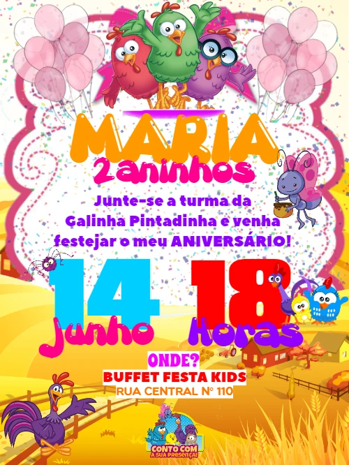 Convite de Aniversário Galinha Pintadinha para Editar Online