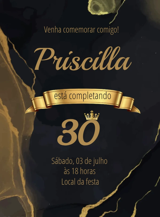 Convite Aniversário Preto e Dourado Elegante para Editar Online