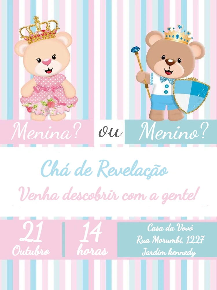 Convite Chá Revelação Ursinhos Realeza Editável Online