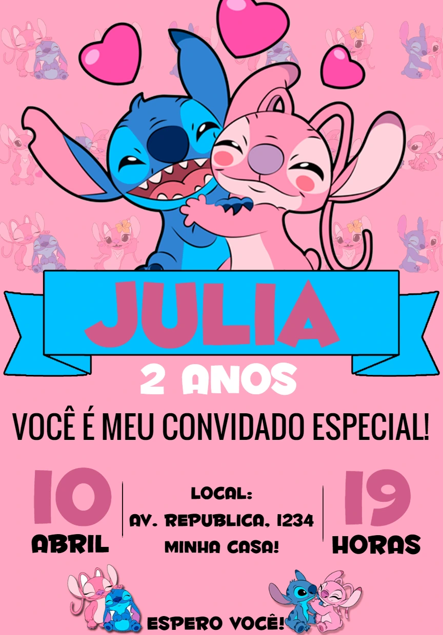 Convite Aniversário Stitch e Angel para Editar Online