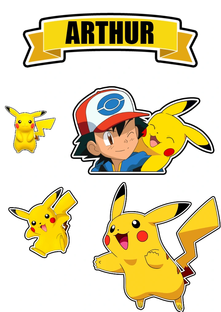 Topo de Bolo Pokémon com Ash e Pikachu para Editar e Imprimir