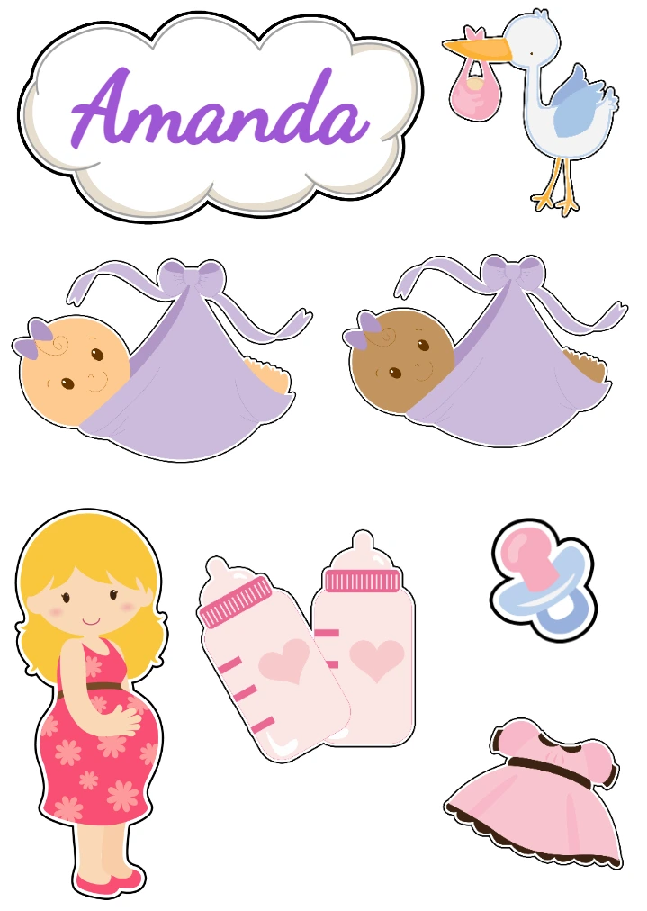 Kit Topo de Bolo Chá de Bebê Menina Editável para Imprimir