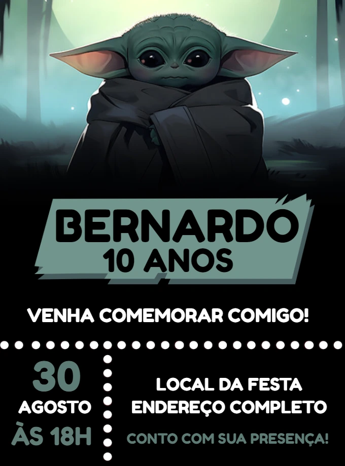 Convite Aniversário Grogu Baby Yoda para Editar Online