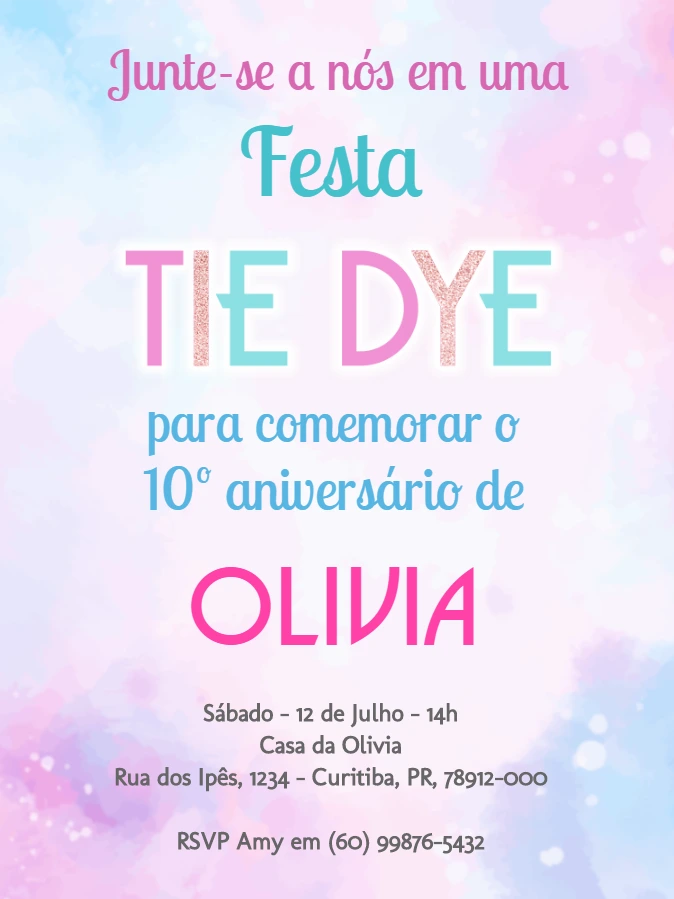 Convite de Aniversário Tie Dye Glitter para Editar Online
