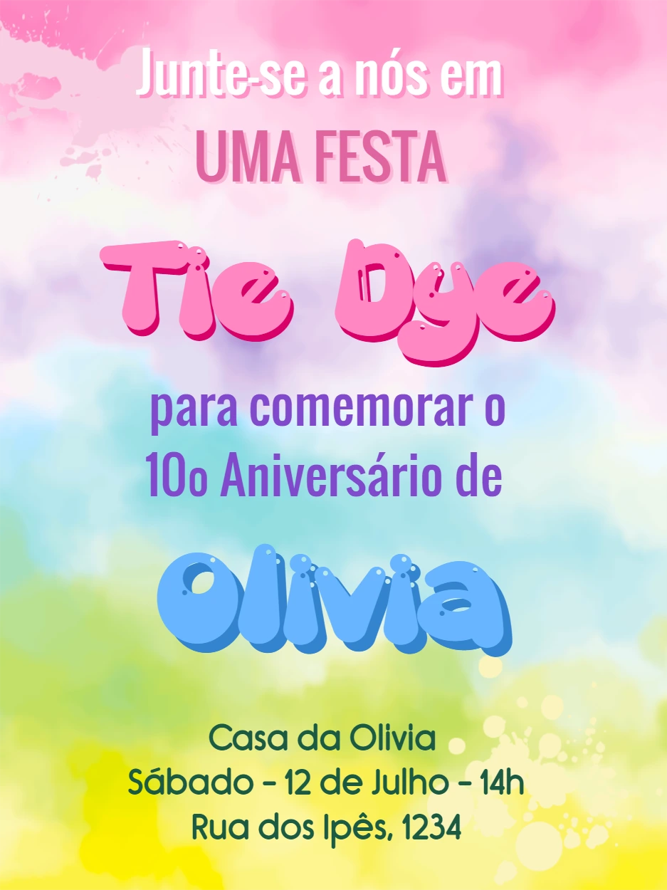 Convite de Aniversário Tie Dye Colorido para Editar Online