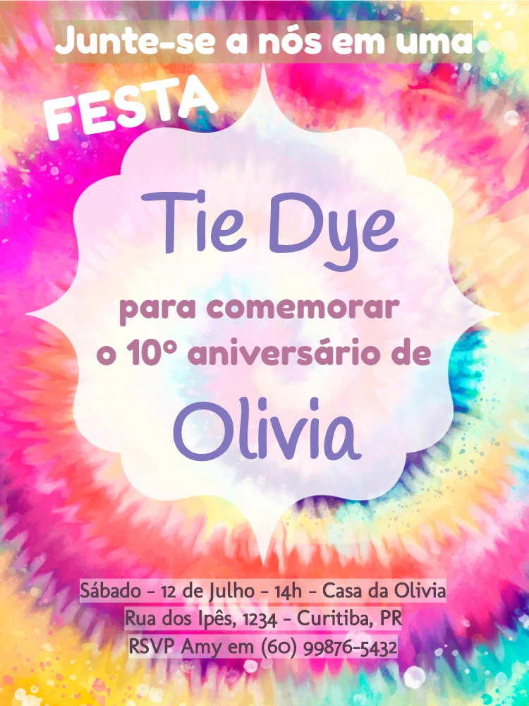 Convite de Aniversário Tie Dye Colorido para Editar Online