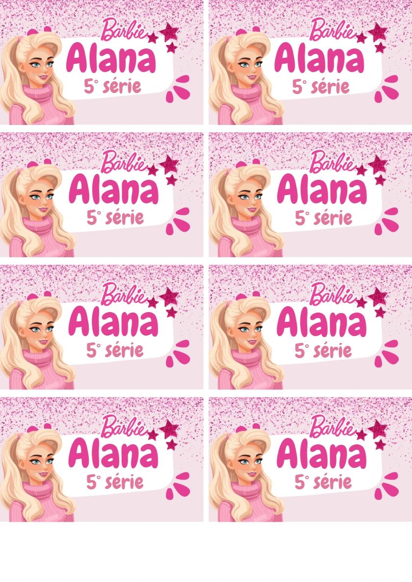 Etiqueta Escolar Barbie Rosa com Glitter para Editar e Imprimir