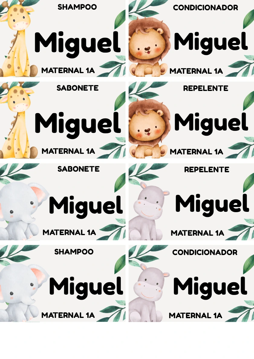 Etiquetas Escolares Editáveis Tema Safari Animais Fofos