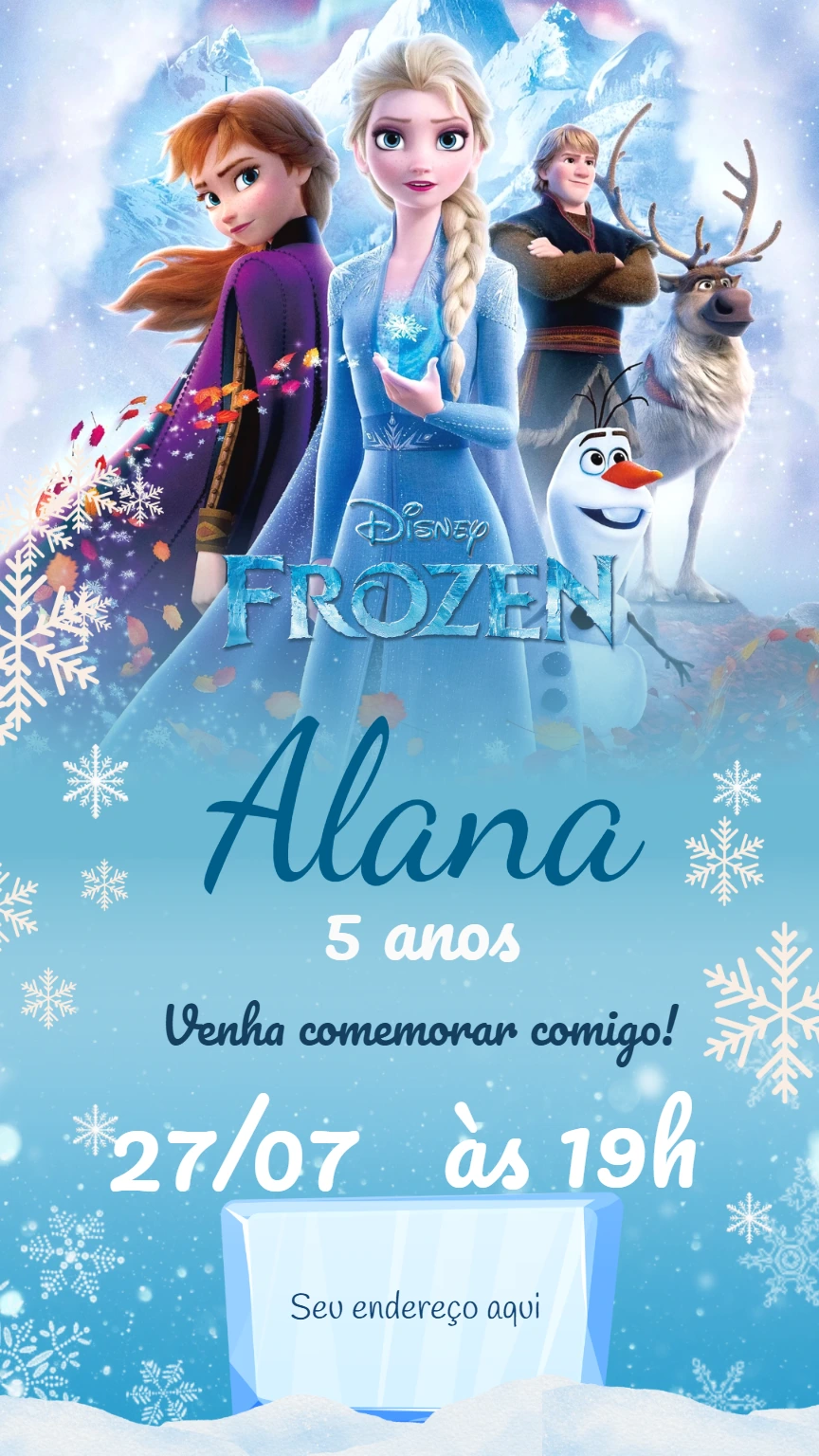 Convite de Aniversário Frozen com Personagens para Editar