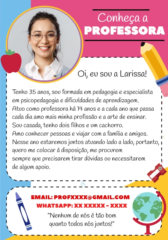 Cartão de Apresentação Professora com Foto para Editar Online