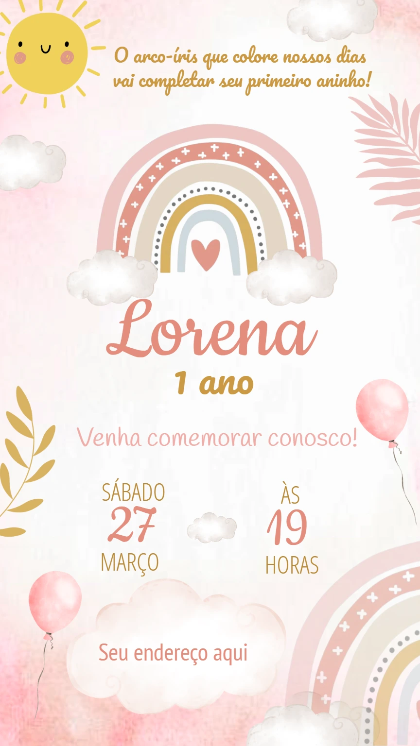 Convite Aniversário Arco-Íris Boho para Editar Online