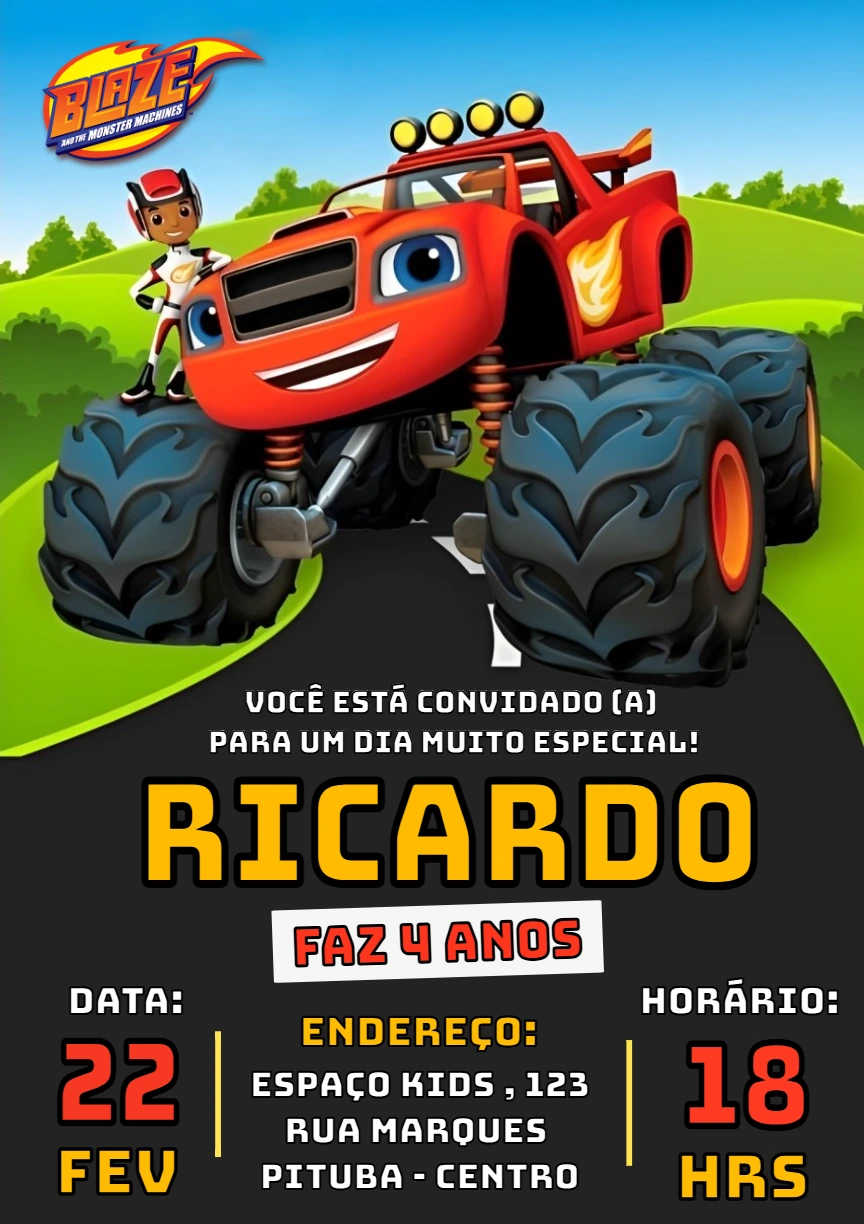 Convite Aniversário Blaze Monster Machines para Editar Online