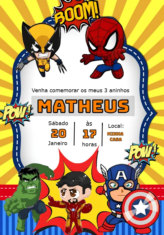 Convite de Aniversário Super-Heróis Cute para Editar Online