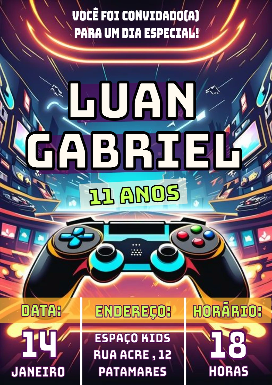 Convite Aniversário Gamer Led para Editar e Imprimir