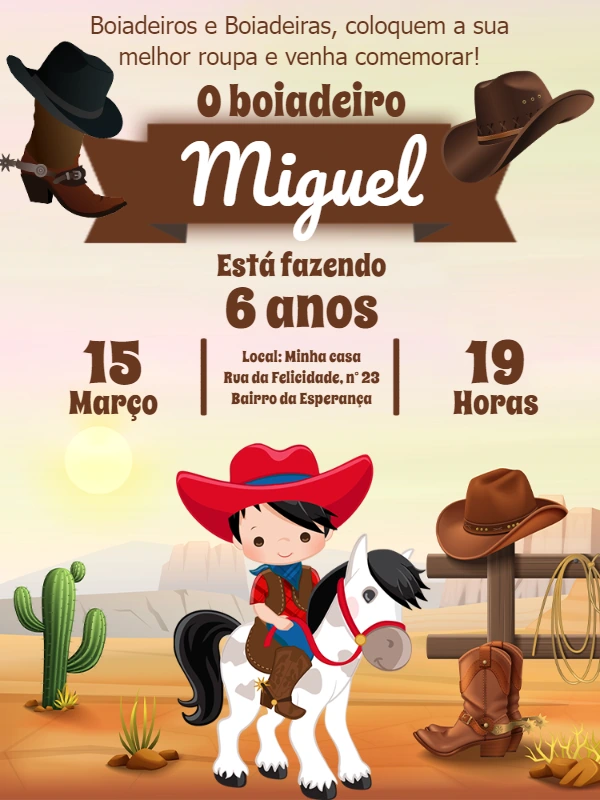 Convite de Aniversário Vaqueiro para Editar Online