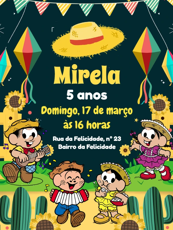 Convite Aniversário Festa Junina Turma da Mônica para Editar