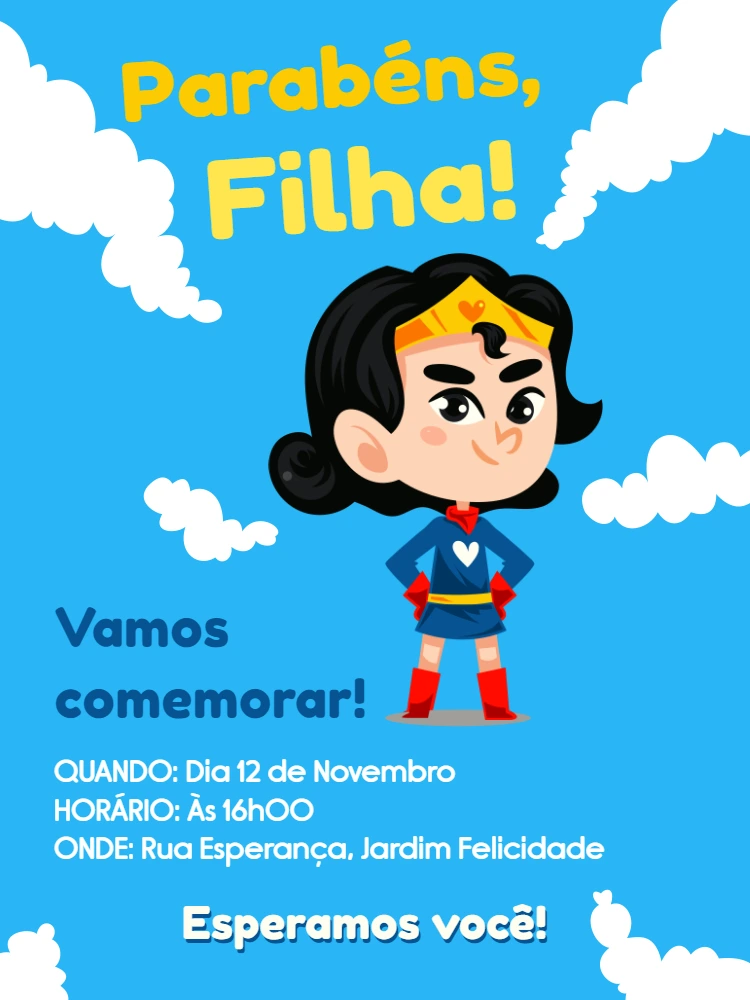 Convite Aniversário Mulher Maravilha Editável Online para Imprimir