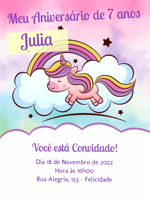 Convite de Aniversário Unicórnio Fofo para Editar Online
