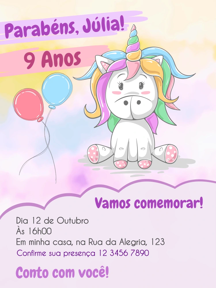 Convite de Aniversário Unicórnio Fofo para Editar Online