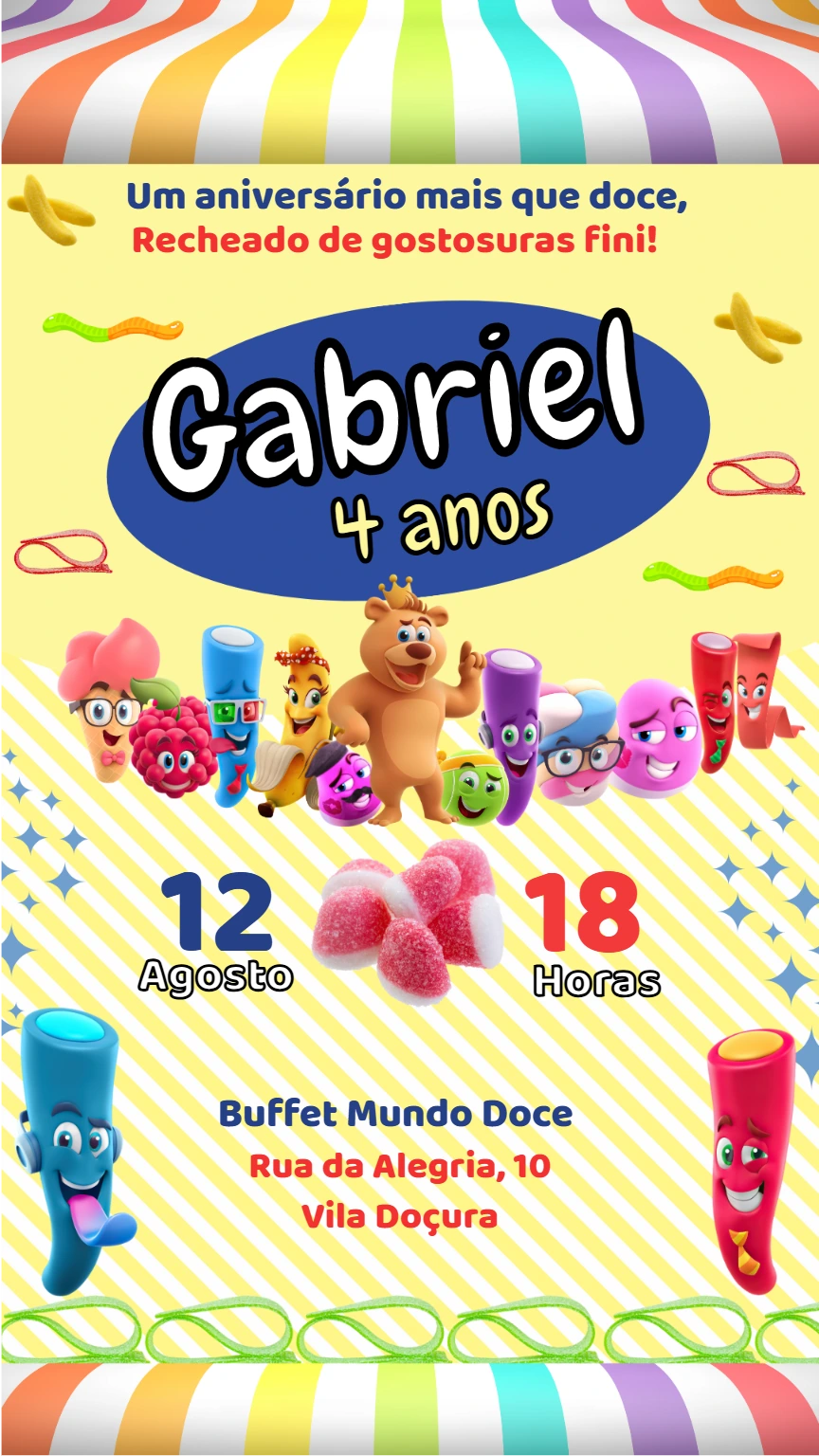 Convite de Aniversário Balas Fini para Editar Online