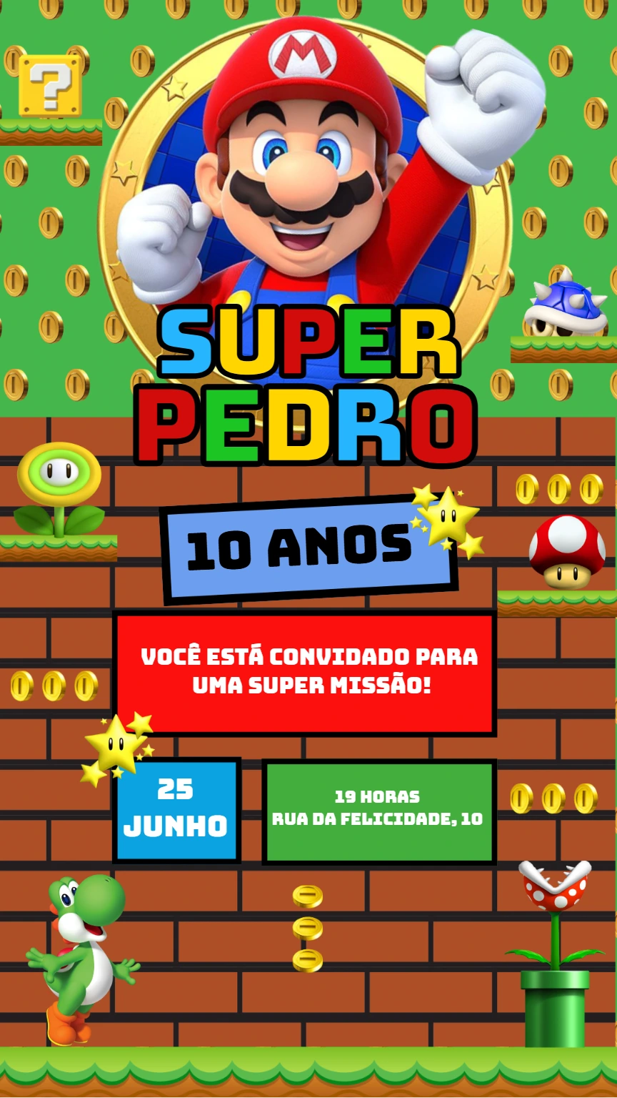 Convite de Aniversário Super Mario Bros Editável Online