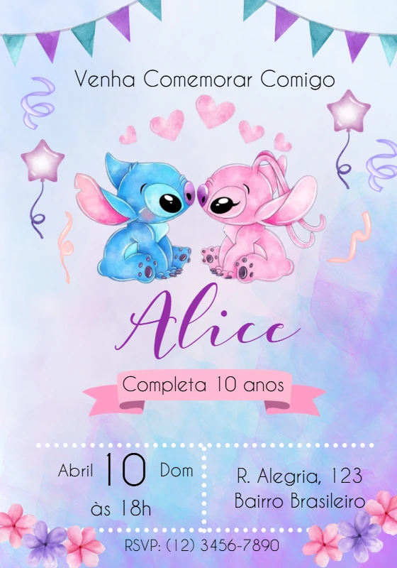 Convite Aniversário Stitch e Angel para Editar Online