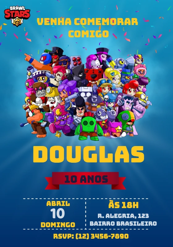 Convite Aniversário Brawl Stars com Personagens para Editar