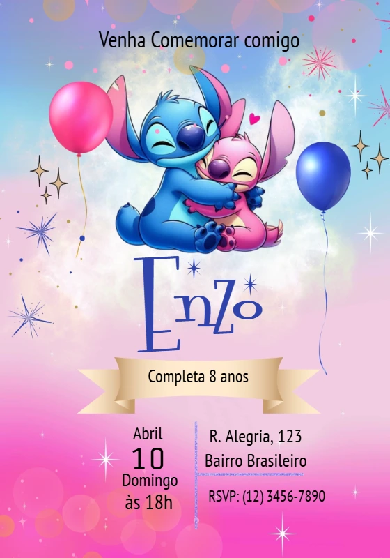 Convite Aniversário Stitch e Angel para Editar Online