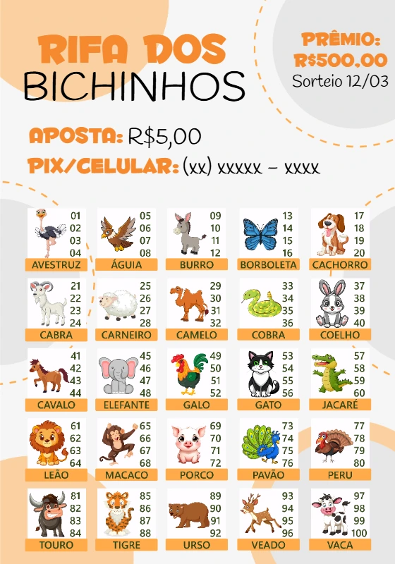 Cartela de Rifa dos Bichinhos Editável Online para Imprimir