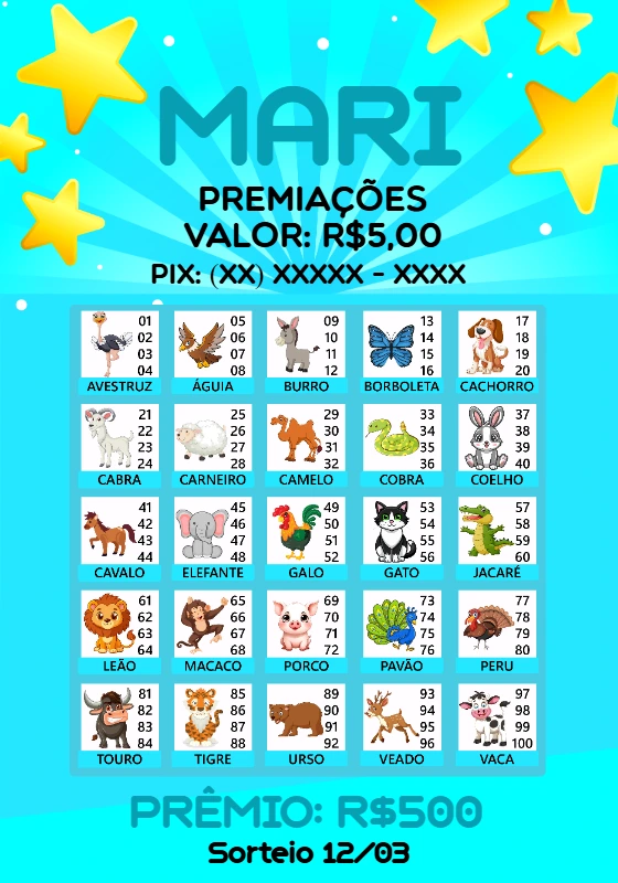 Cartela de Rifa Jogo do Bicho para Editar Online