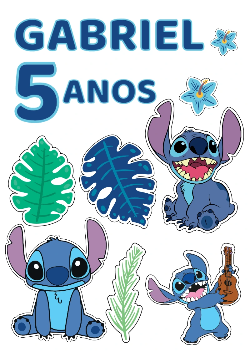 Topo de Bolo Stitch Aniversário com Elementos para Editar Online