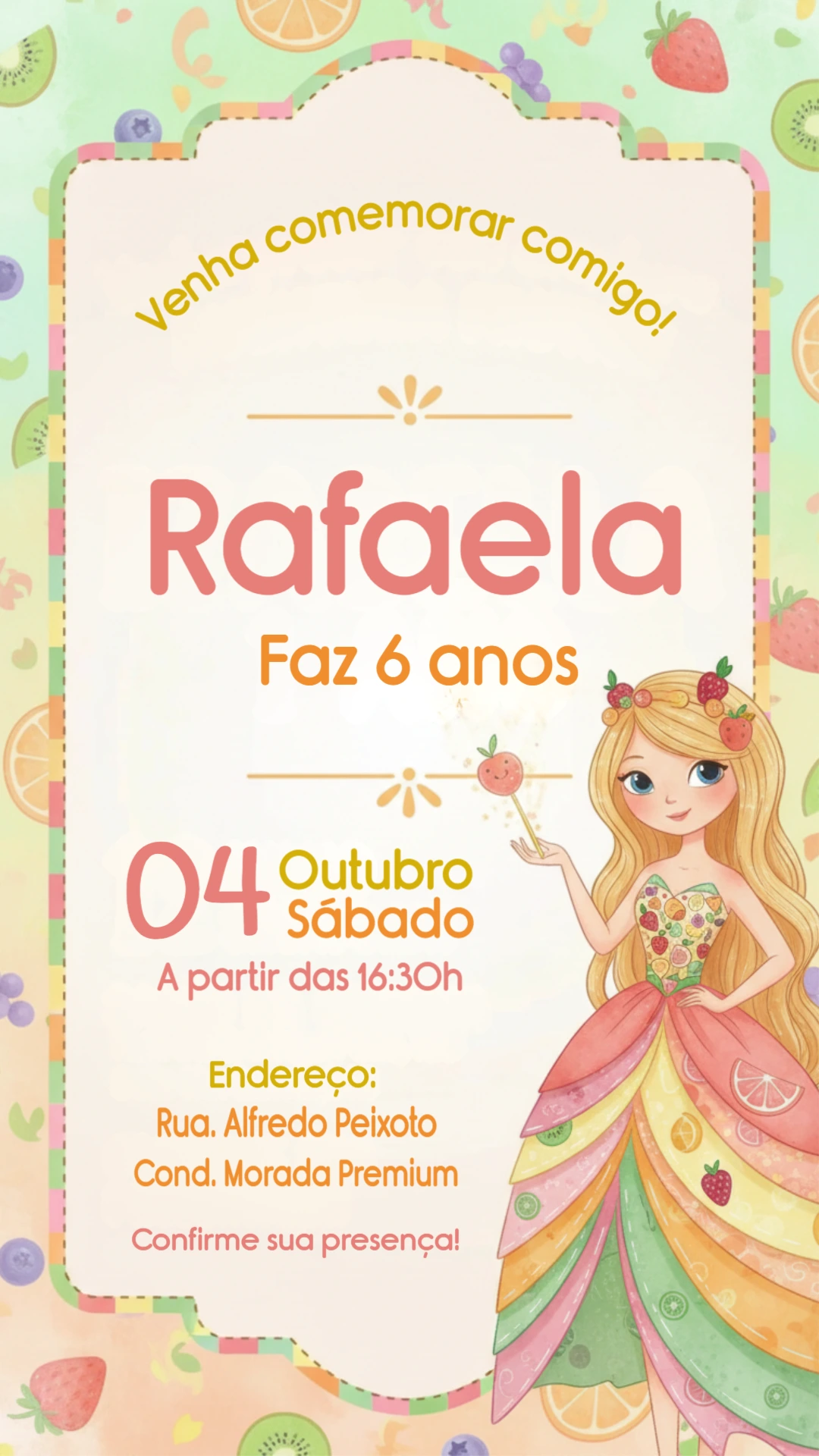 Convite de Aniversário Infantil Frutinhas Colorido para Editar