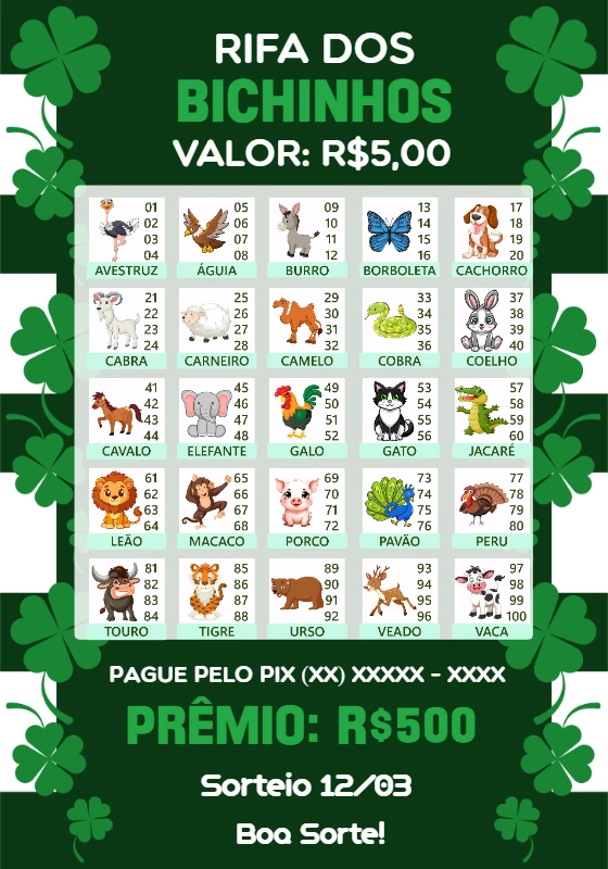 Cartela de Rifa dos Bichinhos Editável para Sorteio