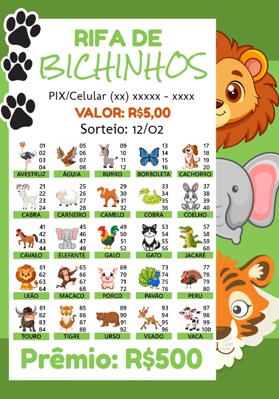 Modelo de Rifa de Bichinhos Editável Online para Sorteio