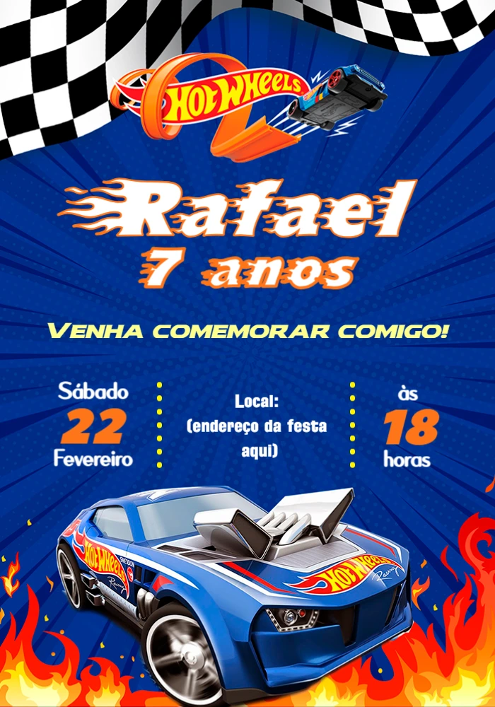 Convite de Aniversário Hot Wheels com Carros para Editar Online