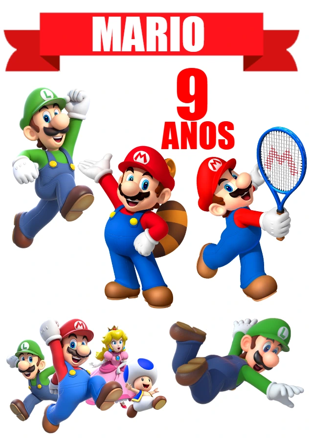 Topo de Bolo Aniversário Mario e Turma para Editar Online