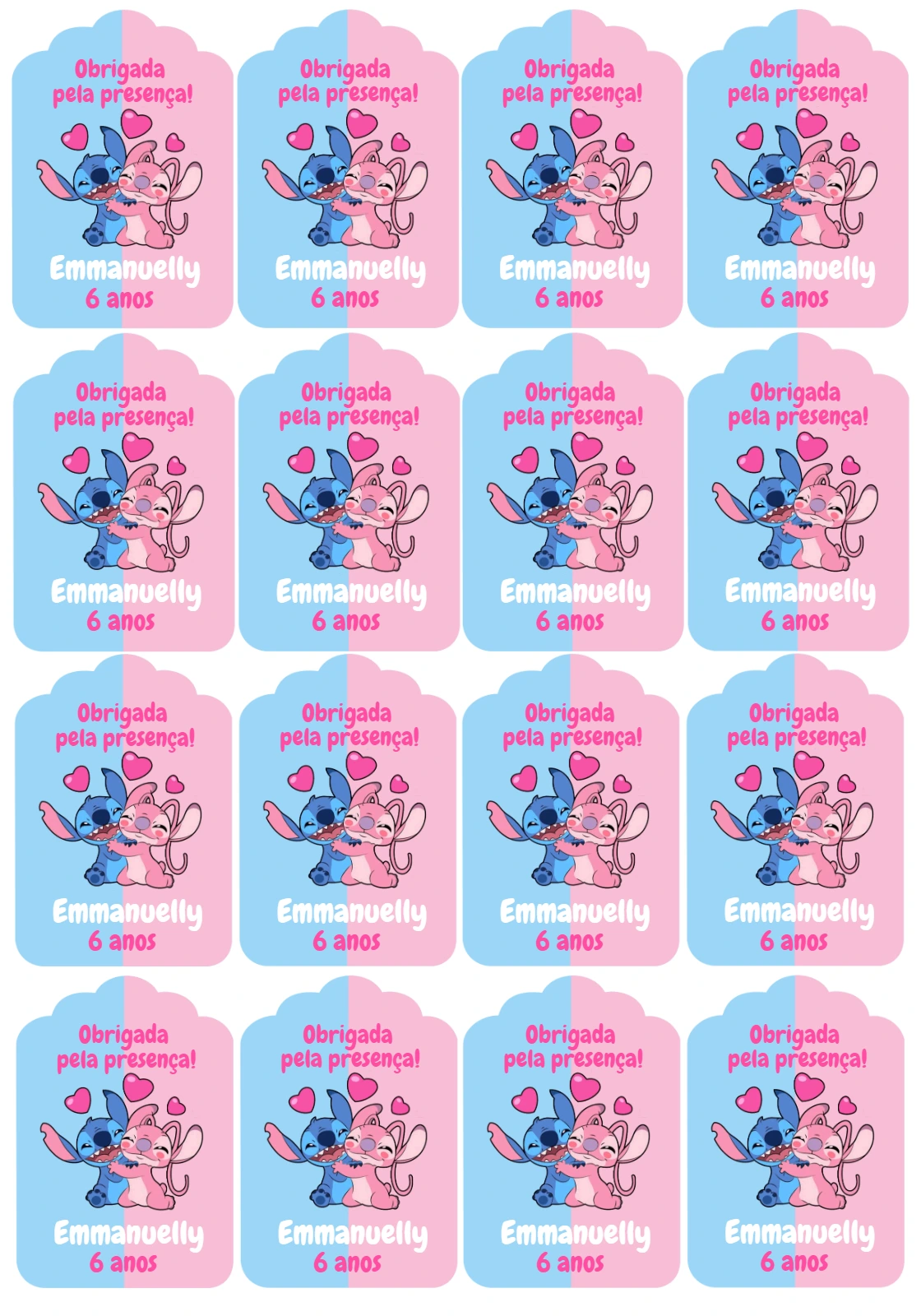 Tag de Agradecimento Aniversário Stitch e Angel para Editar