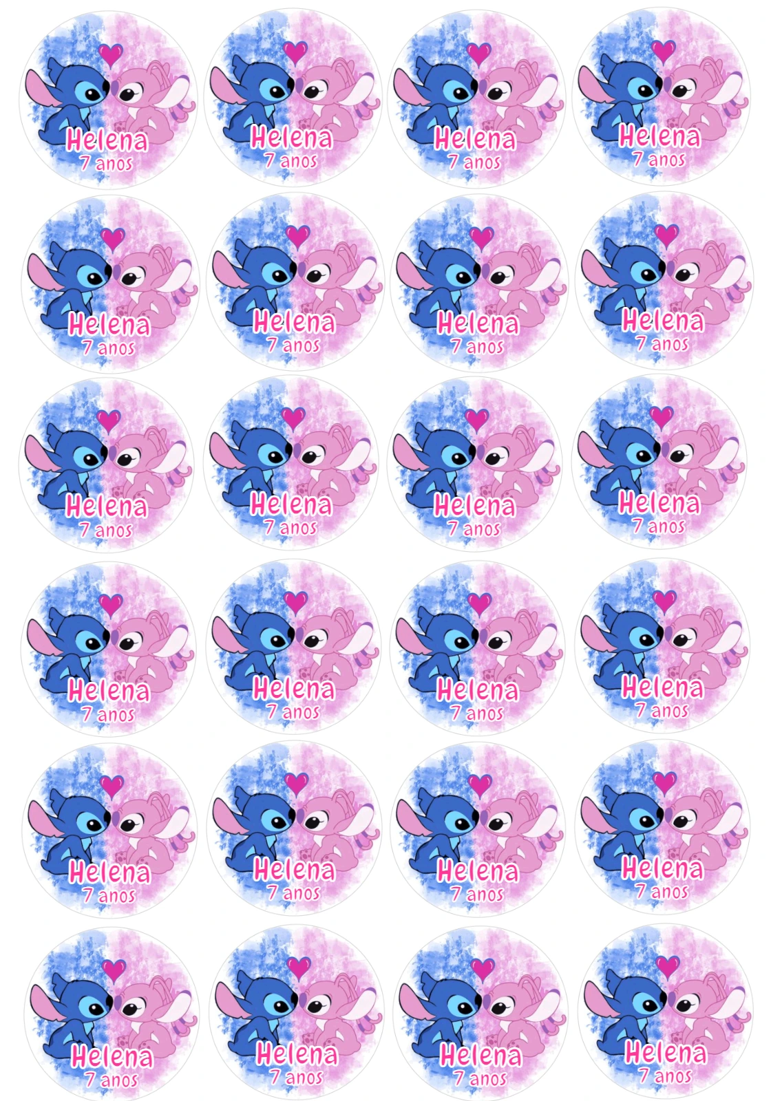 Adesivo Redondo Aniversário Stitch e Angel para Editar