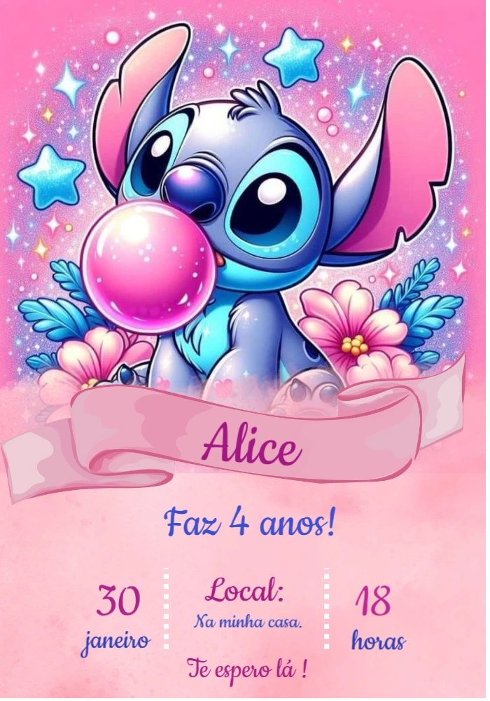 Convite de Aniversário Stitch Rosa para Editar Online